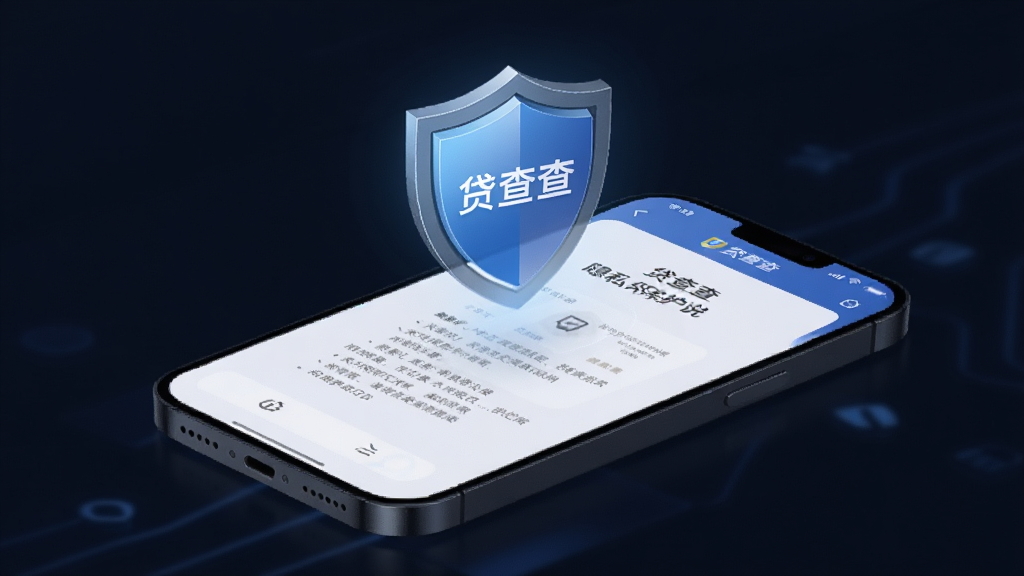 一个盾牌形状的安全图标悬浮在手机屏幕上方,手机屏幕显示“贷查查”的隐私保护说明页面,背景为深蓝色,盾牌发出微光,风格科技感,画质清晰,干净无多余元素