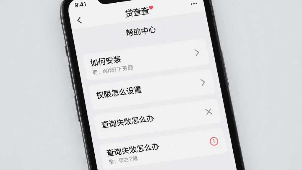 一部手机显示“贷查查”的帮助中心页面,页面上列出多个常见问题条目,如“如何安装”“权限怎么设置”“查询失败怎么办”,背景为浅灰色,文字清晰,风格简洁,画质干净
