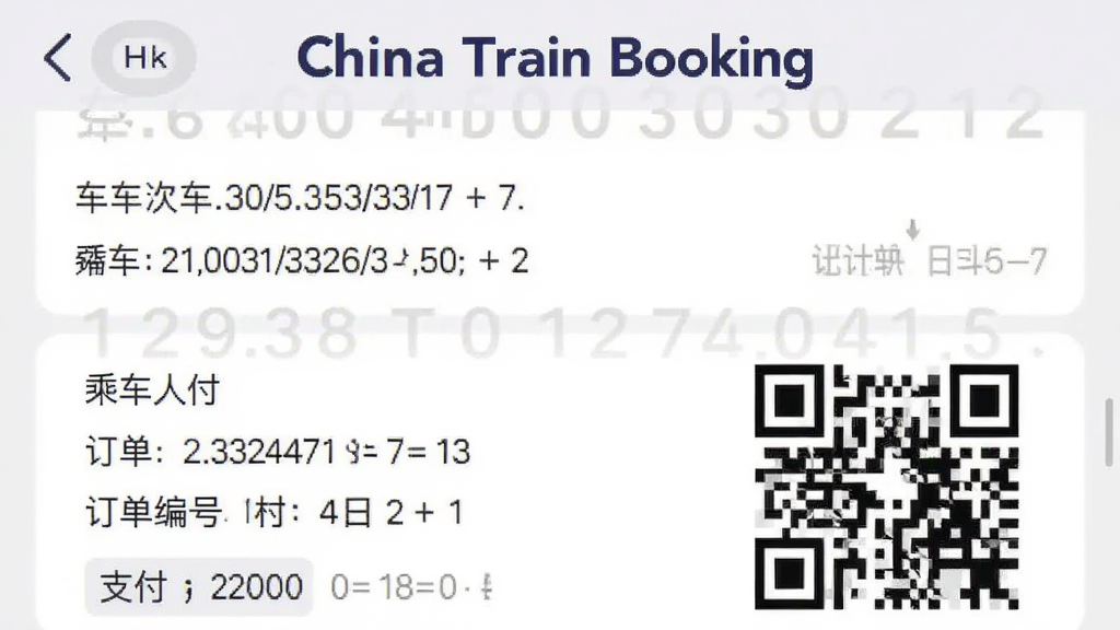 主体是一张火车票订单确认页面截图,页面顶部用深蓝色字体标注“China Train Booking”,布局为上下结构,上方是车次信息,下方是乘车人信息和支付按钮,风格为移动应用界面展示,细节上突出订单编号和二维码区域,画质清晰干净,无多余元素