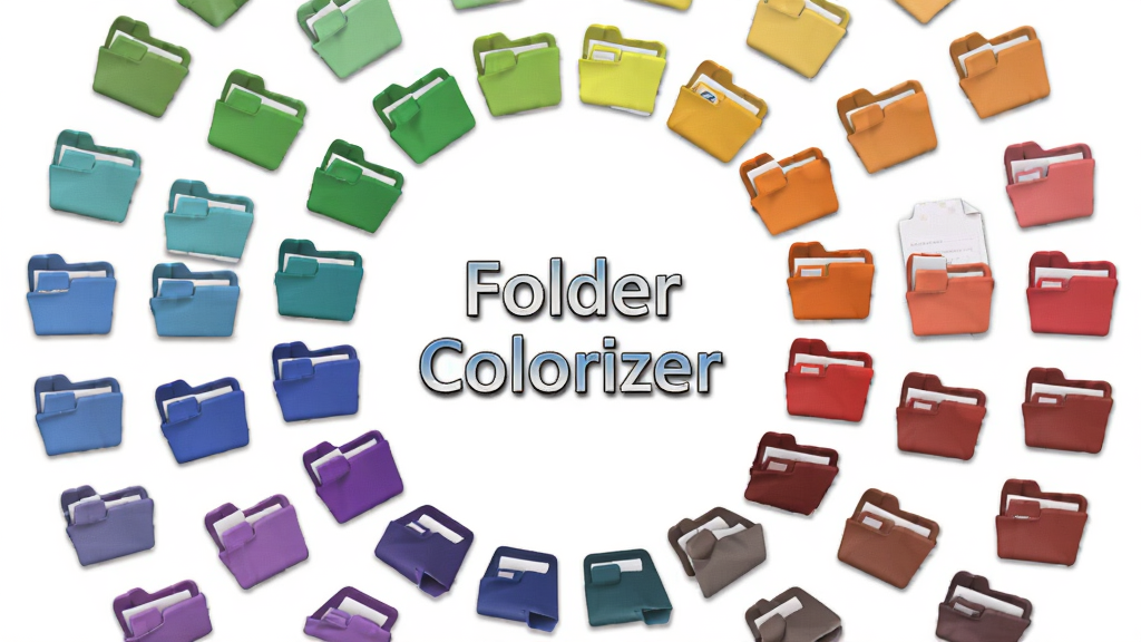 一张展示 Folder Colorizer 调色板界面的图片,画面中央是软件名称 “Folder Colorizer” 和环绕排列的彩色文件夹图标,布局采用圆形放射状排版,风格清新明快,细节上每个文件夹颜色各不相同且带有轻微立体阴影,画质高清,干净,无多余元素