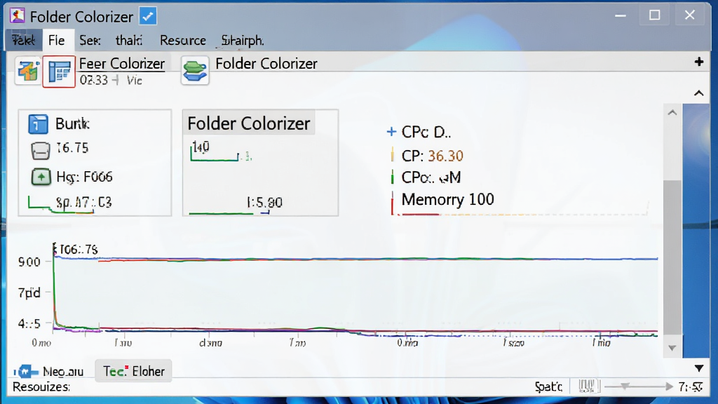 一张展示 Folder Colorizer 软件在 Windows 任务管理器中占用极低资源的示意图,画面主体是任务管理器窗口和软件名称 “Folder Colorizer”,布局上下结构,风格极简科技,细节上 CPU 和内存占用曲线平稳且数值极低,画质高清,干净,无多余元素