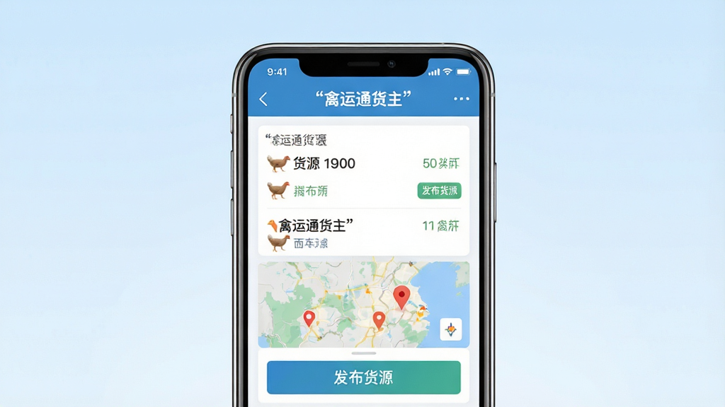 禽运通货主APP主界面展示图,画面中央是一部智能手机,屏幕上显示禽运通货主的首页,包含货源列表和地图定位模块,背景是干净的浅蓝色渐变,主体突出手机和屏幕内容,布局居中对齐,排版简洁清晰,风格为扁平化UI设计,细节包括手机边框高光和屏幕内文字按钮的清晰呈现,画面中文字必须加引号如“禽运通货主”“发布货源”,画质为高清2K,干净无多余元素,无杂乱背景