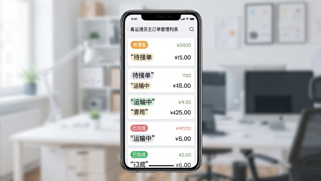 禽运通货主订单管理列表界面图,画面展示手机屏幕上按状态分类的订单卡片列表,主体为手机和屏幕内容,布局手机居中,排版为列表式上下排列,风格为简约商务风,细节包括不同颜色状态标签和订单金额文字,画面中文字必须加引引号如“待接单”“运输中”“已完成”,画质高清2K,干净无多余元素