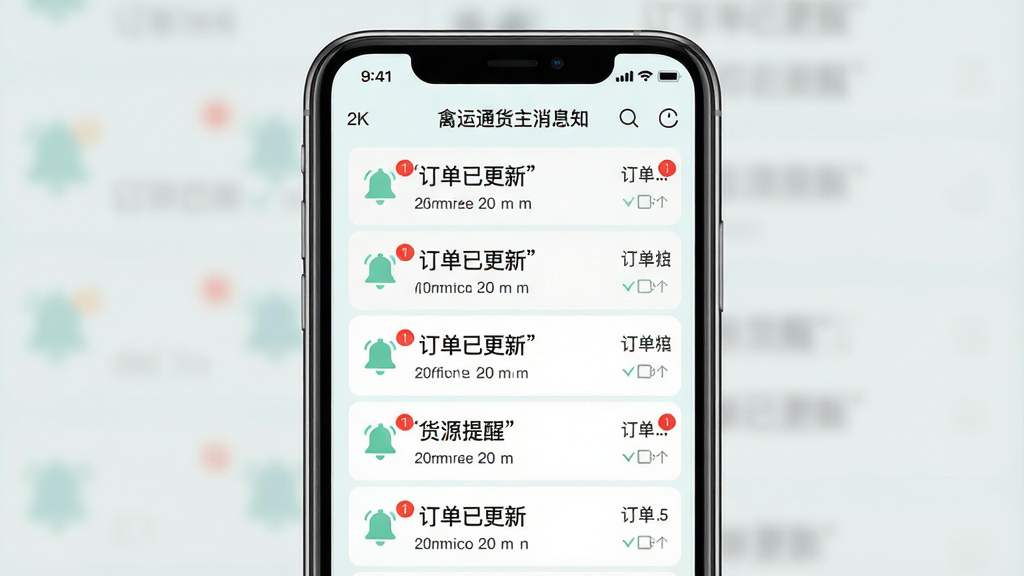 禽运通货主消息通知中心界面图,画面展示手机屏幕上的消息列表和红点提醒标识,主体为手机和屏幕内容,布局手机居中,排版为消息条目纵向排列,风格为清新浅色风,细节包括铃铛图标和未读红点,画面中文字必须加引号如“新货源提醒”“订单已更新”,画质高清2K,干净无多余元素