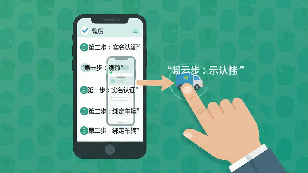禽运通货主新手操作指引示意图,画面展示一部手机和一只手指点击屏幕的示意图,主体为手机和手指,布局手机居中偏左手指从右侧点击,排版简洁,风格为扁平化教程插画风,细节包括屏幕上的引导箭头和步骤数字,画面中文字必须加引号如“第一步:实名认证”“第二步:绑定车辆”,画质高清2K,干净无多余元素