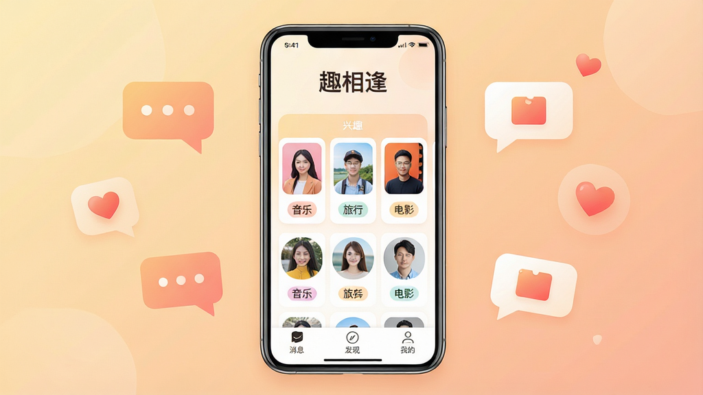 一张展示“趣相逢”社交应用核心全貌的竖版手机界面截图,画面中央是一部现代智能手机,屏幕内显示“趣相逢”APP的主页,页面顶部有“趣相逢”文字标志,中部展示多个用户头像卡片与兴趣标签如“音乐”“旅行”“电影”,底部有消息、发现、我的等导航图标,背景是柔和的暖色调渐变,周围点缀抽象的聊天气泡与爱心符号,整体风格清新干净,排版居中对称,细节清晰,画质高清,无多余元素。
