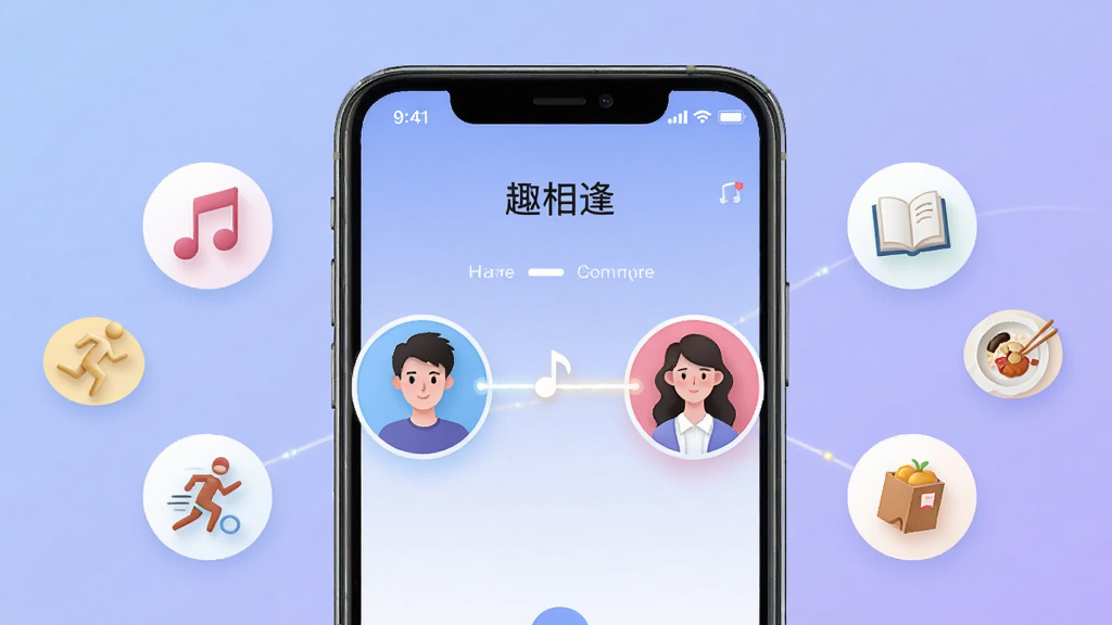 一张表现“趣相逢”智能匹配功能的插画,画面中心是一部手机,屏幕中显示“趣相逢”的匹配界面,两个用户头像之间有一条发光的连线,周围环绕着音乐、运动、阅读、美食等图标,背景是柔和的蓝紫色渐变,风格简洁现代,排版清晰,细节精致,画质高清,干净无多余元素。