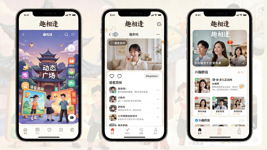 一张展示“趣相逢”多元互动场景的界面组合图,画面中并排展示三个手机屏幕,分别显示动态广场、语音房间和兴趣群组界面,屏幕上方均有“趣相逢”标识,背景是淡雅的浅色纹理,风格统一协调,排版整齐,细节丰富,画质清晰,无杂乱元素。