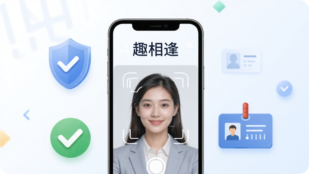 一张表现“趣相逢”真人认证流程的示意图,画面中央是一部手机,屏幕显示人脸识别界面,上方有“趣相逢”文字,周围有盾牌、勾选标记、身份证图标等安全元素,背景是干净的白色与浅蓝色搭配,风格专业可信,排版简洁明了,画质高清,无多余装饰。