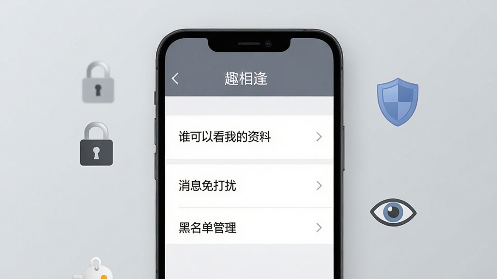 一张展示“趣相逢”隐私安全设置的手机界面图,画面中手机屏幕显示隐私设置页面,有“谁可以看我的资料”“消息免打扰”“黑名单管理”等选项,旁边有锁、盾牌、眼睛等图标点缀,背景是柔和的灰色调,风格沉稳可靠,排版清晰,画质干净,无多余元素。
