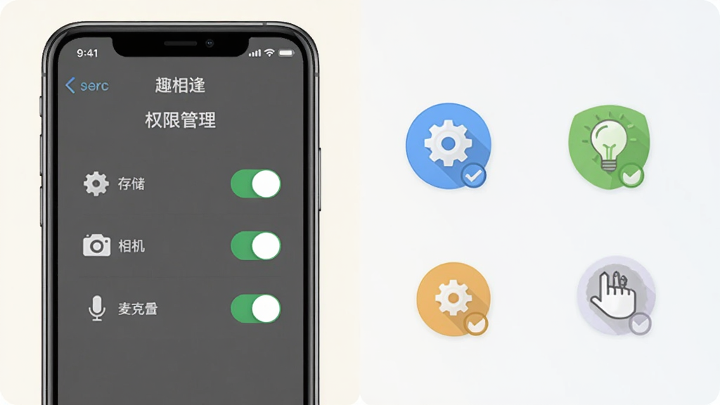 一张展示“趣相逢”新手设置引导的手机界面图,画面中手机屏幕显示权限管理页面,有存储、相机、麦克风等开关选项,旁边有齿轮、盾牌、灯泡等图标,背景是简洁的浅色,风格清晰直观,排版整齐,画质高清,无多余元素。