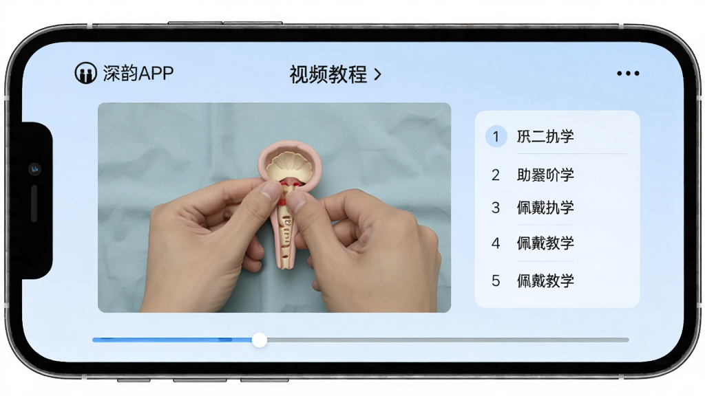 深韵APP视频教程页面,手机屏幕中显示助听器佩戴教学视频的播放界面,画面中有清晰的手部演示动作,旁边有步骤列表和进度条,背景为柔和的浅蓝色,界面简洁,高清画质,无多余元素
