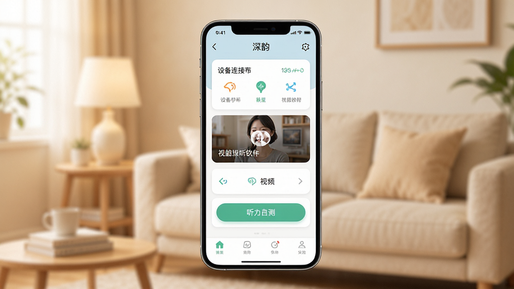 深韵助听器软件主界面展示,画面中央放置一部智能手机,屏幕显示深韵APP的首页,包含设备连接状态卡片、视频教程入口、听力自测按钮等模块,背景为温馨的居家环境,浅暖色调,简洁干净的UI设计,高清画质,无多余元素