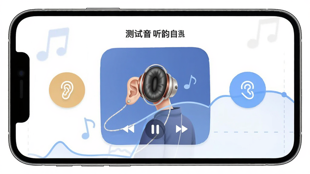 深韵APP听力自测引导界面,手机屏幕显示测试音播放中的动画,有左右耳选择按钮和简单的听力曲线示意图,背景为白色,色调清新,高清画质,无多余元素