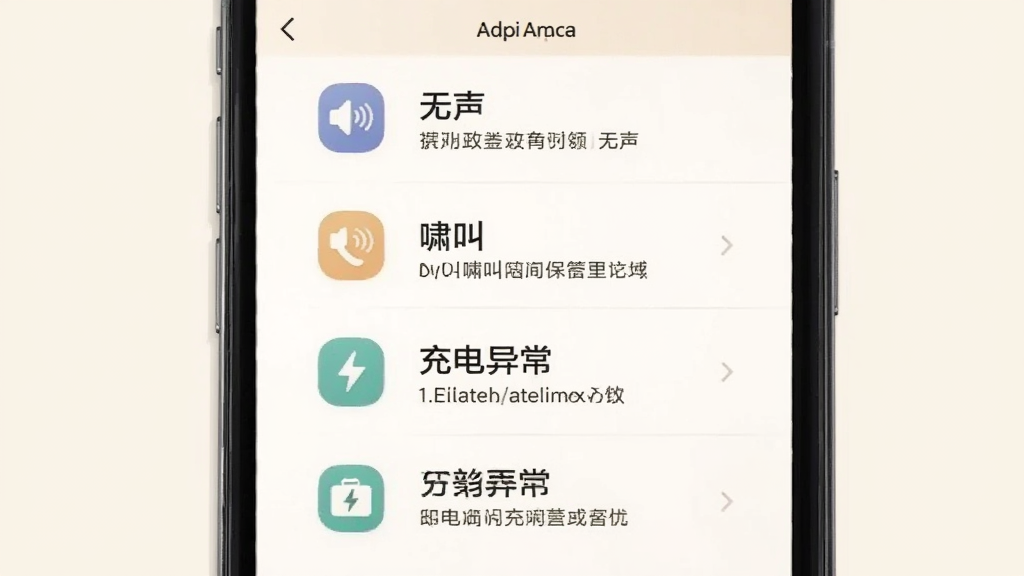 深韵APP常见问题排查页面,手机屏幕显示问题分类列表,如无声、啸叫、充电异常等,每个分类旁有图标和简短说明,背景为浅米色,排版整齐,高清画质,无多余元素