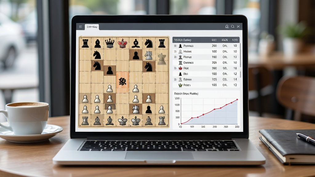 画面主体是一台笔记本电脑,屏幕上显示王者象棋棋谱复盘界面,棋盘旁边有走子记录列表和胜率曲线图,界面专业简洁,背景是咖啡厅的桌面,有咖啡杯和笔记本,布局居中,风格商务写实,细节包括棋谱文字、曲线图、棋盘棋子,画质高清,干净,无多余元素