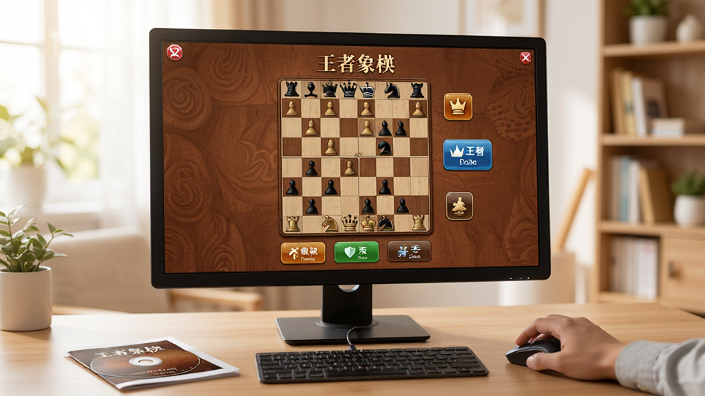画面主体是一台电脑屏幕显示王者象棋安装完成后的主界面,界面中央有棋盘和功能按钮,屏幕旁边有一只手正在点击鼠标,桌面上有安装光盘和说明书,背景是明亮的居家书房,布局居中,风格写实温馨,细节包括界面文字、棋盘纹理、按钮图标,画质高清,干净,无多余元素