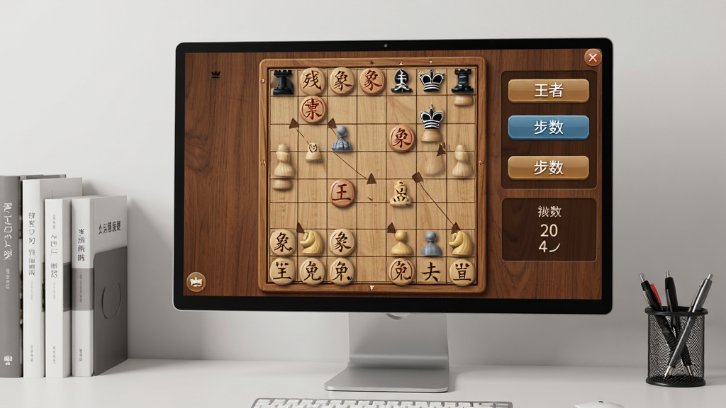画面主体是一台台式电脑显示器,屏幕上显示王者象棋残局挑战界面,棋盘上棋子较少但位置精妙,屏幕右侧有提示按钮和步数记录,背景是整洁的书桌,有书本和笔筒,布局居中偏左,风格写实安静,细节包括棋子上的汉字、棋盘木质纹理、界面按钮文字,画质高清,干净,无多余元素
