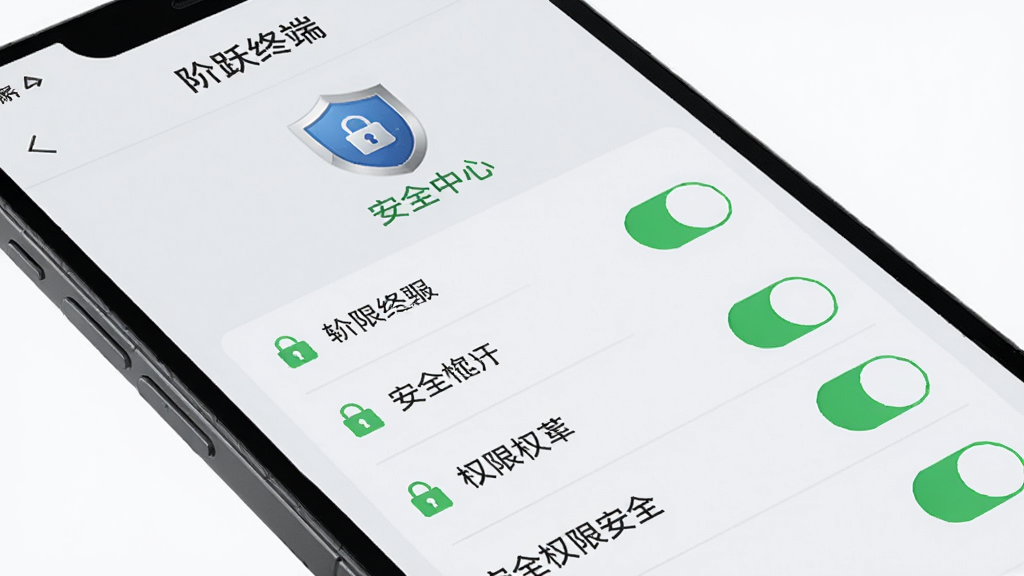 手机屏幕显示“阶跃终端”安全中心页面,有盾牌图标和权限开关列表,背景为浅灰色,风格为简洁商务,细节包括清晰的锁形图标、绿色安全标识、整齐的列表排版。画质高清,干净,无多余元素。