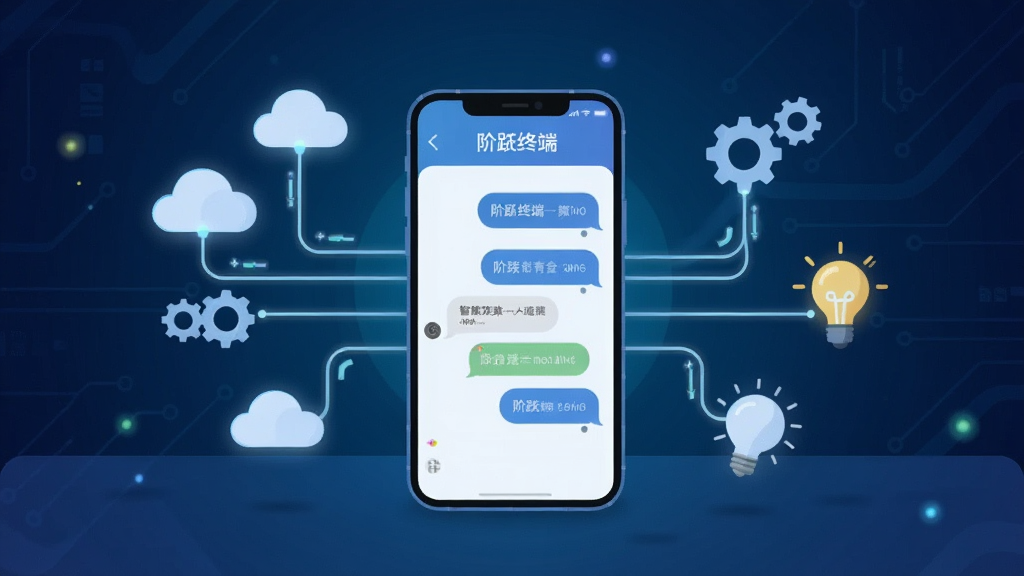 一部手机放置在桌面中央,屏幕显示“阶跃终端”对话界面,气泡式聊天记录清晰可见,手机周围环绕发光的连接线连接着云朵、齿轮、灯泡等图标,象征智能交互。背景为深蓝色科技感渐变,风格为扁平化插画,细节包括柔和的发光效果、清晰的界面元素。画质高清,干净,无多余元素。