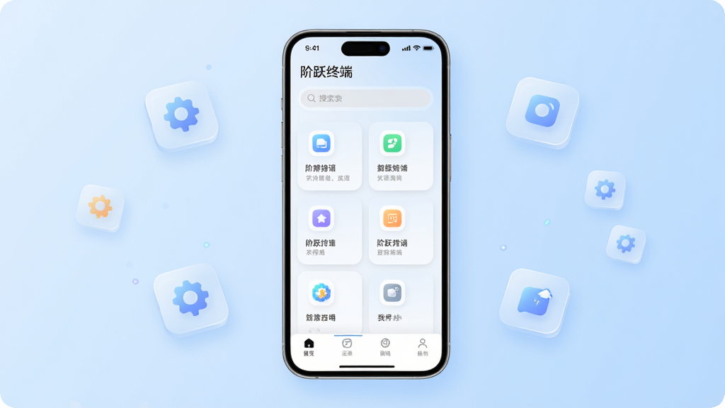 画面中央展示一部智能手机,手机屏幕显示“阶跃终端”应用主界面,界面布局简洁,顶部有搜索栏,中部为功能卡片网格,底部为导航栏。背景为浅蓝色渐变,周围漂浮半透明科技感图标。风格为现代科技简约风,细节包括圆角图标、柔和阴影、清晰的文字标签。画质为高清,干净,无多余元素。