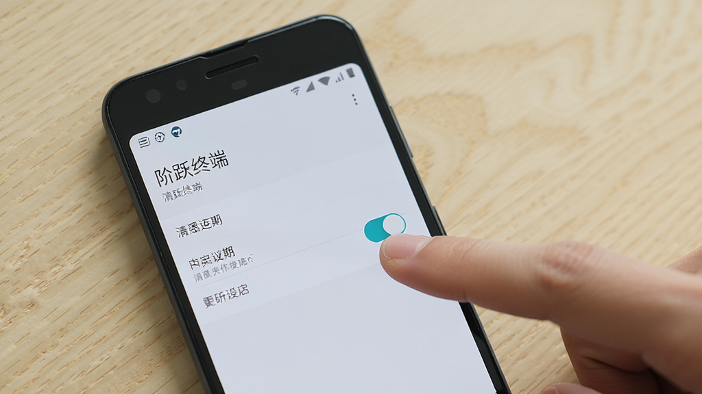 一部安卓手机屏幕显示“阶跃终端”设置页面,旁边有手指点击权限开关的示意,背景为浅色木纹桌面,风格为写实生活场景,细节包括清晰的界面文字、手指动作自然、光线柔和。画质高清,干净,无多余元素。