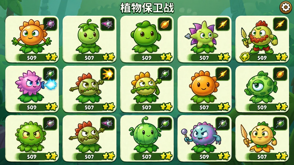 主体是“植物保卫战”游戏中的植物角色选择界面,布局为网格状排列,展示多个不同造型的植物战士,排版整齐清晰,风格为卡通Q版,细节包含每种植物的攻击特效预览图标和等级标识,画质高清干净,无多余元素