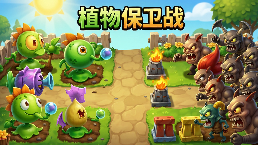 主体是一款名为“植物保卫战”的塔防游戏主视觉画面,布局采用横向宽幅构图,左侧为四到五种造型各异的植物战士角色,右侧为来势汹汹的敌人群体,中间是花园小径与防御阵地,排版上方居中放置游戏标题“植物保卫战”,风格为明快卡通渲染,细节包含阳光、叶片、泥土、路障等元素,画质高清干净,无多余元素