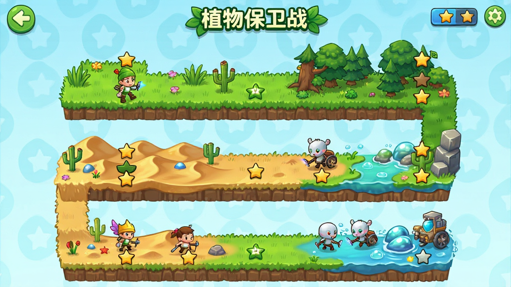主体是“植物保卫战”游戏关卡地图界面,布局为纵向卷轴式展开,排版展示多个风格不同的场景节点,风格为清新卡通,细节包含草坪、森林、沙漠等环境元素和关卡星级标记,画质高清干净,无多余元素
