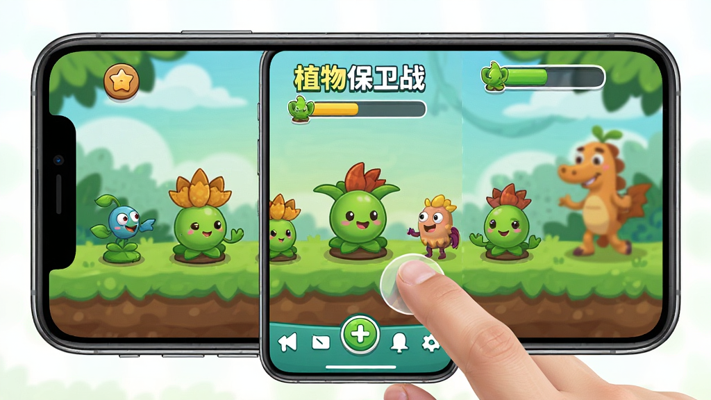 主体是“植物保卫战”游戏在手机屏幕上的运行画面,布局为竖屏手持视角,排版展示游戏主界面和底部导航栏,风格为卡通清新,细节包含手机边框、手指操作、植物角色和关卡进度条,画质高清干净,无多余元素