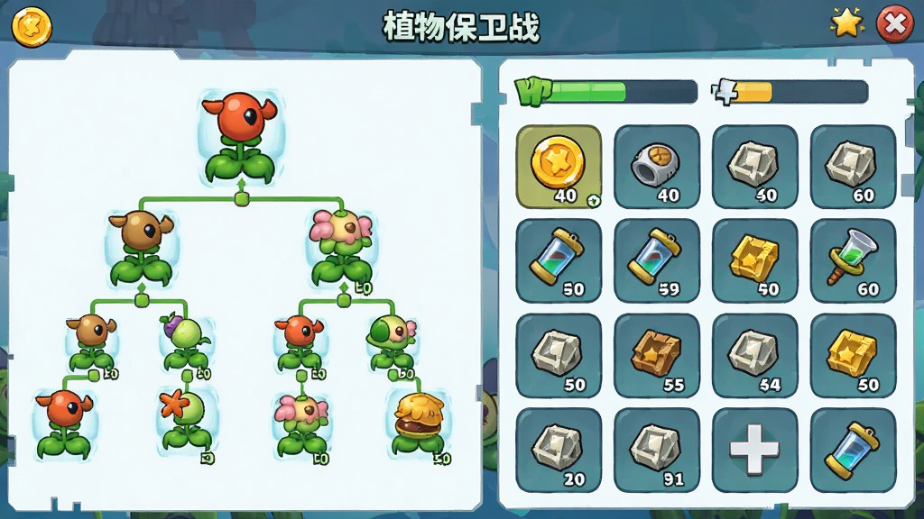 主体是“植物保卫战”游戏中的植物升级与道具背包界面,布局为左右分栏,左侧展示植物升级树状图,右侧展示道具格子,排版清晰,风格为卡通科技感,细节包含金币、经验条、道具图标等元素,画质高清干净,无多余元素