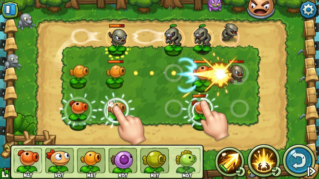 主体是“植物保卫战”游戏战斗中的操作界面,布局为俯视视角的战场,排版下方为植物选择栏和技能按钮,风格为卡通塔防,细节包含手指点击放置植物的动作、敌人移动路径和攻击特效,画质高清干净,无多余元素
