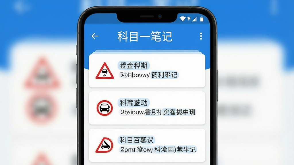 一张干净简洁的安卓手机屏幕展示界面,画面中央是“科目一笔记”应用主页面,顶部有醒目的软件名称文字“科目一笔记”,页面布局为卡片式知识点列表,包含交通标志图标和文字笔记条目,整体配色以蓝白为主,风格清爽现代,细节上体现学习类APP的目录结构与重点标记,画质清晰,文字锐利,无多余装饰元素