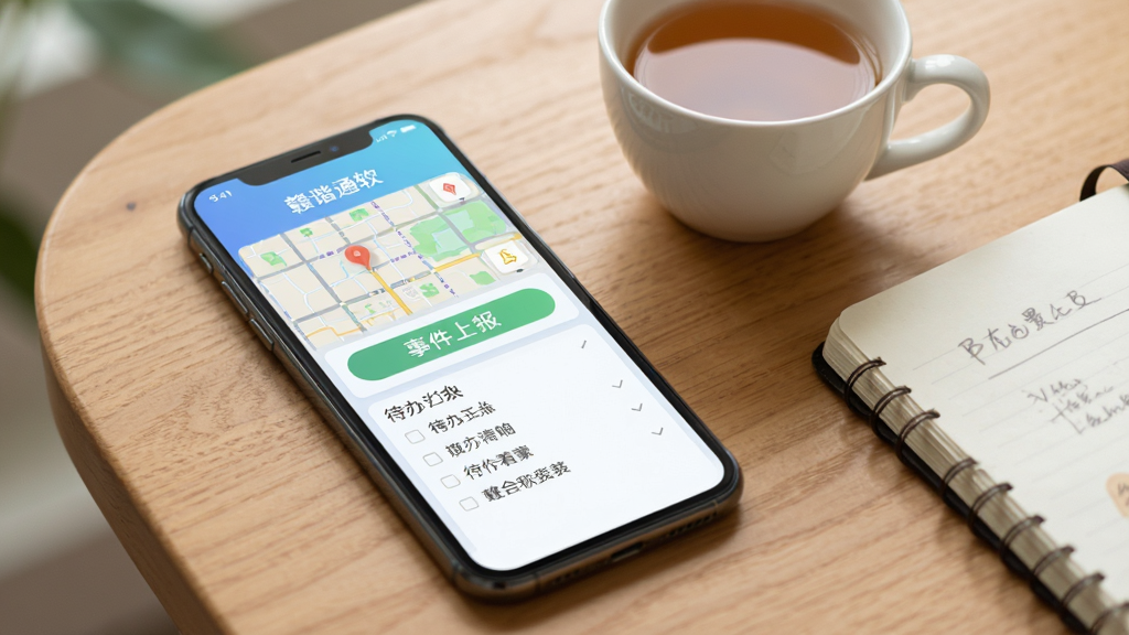 手机屏幕中显示赣谐通软件主界面,界面包含网格地图、事件上报按钮、待办列表等模块,背景为浅蓝色渐变,手机放置在木质桌面上,旁边有一杯茶和笔记本。风格为写实产品展示图,细节清晰,画质干净,无多余元素