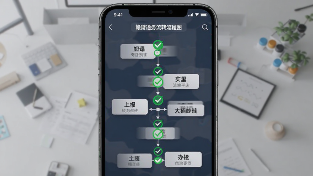 赣谐通任务流转流程图,以手机界面形式展示事件从上报到办结的各个节点,节点用绿色勾选标记,背景简洁,风格商务,画质干净