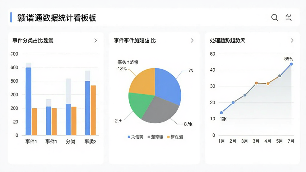 赣谐通数据统计看板,包含柱状图、饼图和折线图,展示事件分类占比和处理趋势,背景为白色,风格简洁专业,画质干净