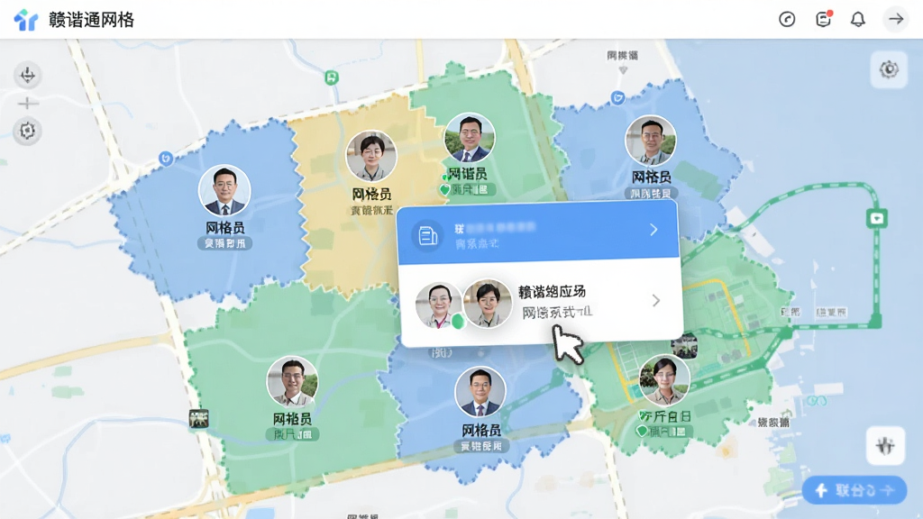 赣谐通网格地图界面,地图上标注多个网格区域和网格员头像,点击头像弹出联系方式卡片,风格清新,画质清晰