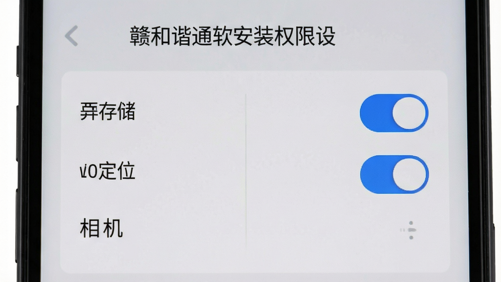 赣谐通软件安装权限设置界面,显示存储、定位、相机三个权限开关,手机界面风格,背景为浅灰色,画质清晰,无多余元素