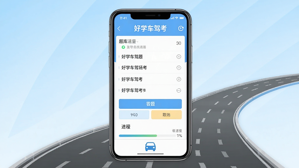 手机屏幕中展示驾考刷题应用界面,主体为一台竖屏智能手机,布局居中,背景为浅蓝渐变与交通道路元素,风格清爽简洁,细节包含题库列表、答题选项、进度条与驾考图标,画质清晰干净无多余元素,画面中文字标注“好学车驾考”