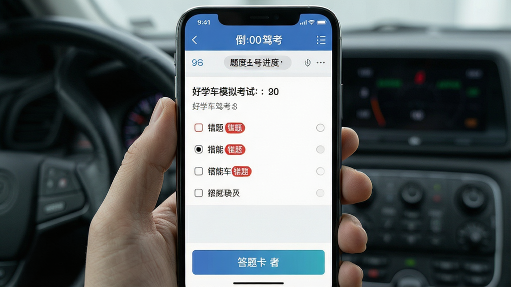 驾考模拟考试界面展示,主体为手机屏幕中的考试答题页,布局上方为倒计时与题号进度,中间为题目与选项,下方为答题卡按钮,风格写实清爽,细节包含红色错题标记与得分数字,画质清晰干净无多余元素,画面中文字标注“好学车驾考”
