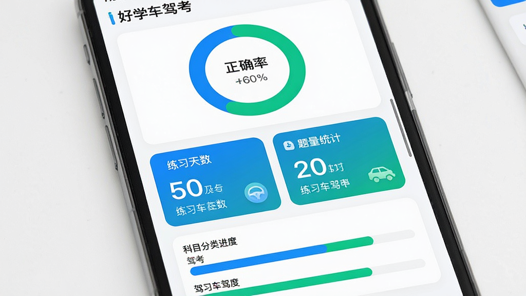 驾考学习数据统计页面,主体为手机屏幕中的图表与数字卡片,布局上方为环形正确率图,中间为练习天数与题量统计,下方为科目分类进度条,风格现代简约,细节包含蓝色与绿色数据色块,画质清晰干净无多余元素,画面中文字标注“好学车驾考”