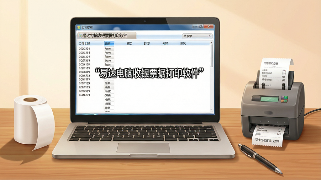 一张电脑桌面场景图,画面中一台笔记本电脑屏幕上显示“易达电脑收银票据打印软件”的历史打印记录列表,旁边放着一台小型票据打印机,桌面上有一卷热敏纸和一支笔,布局为电脑居中、打印机在右侧,风格为温馨办公写实插画,细节包括屏幕上的日期列表、打印机出纸口的小票边缘、桌面木纹和笔的投影,画质清晰干净,无多余元素,图片中文字“易达电脑收银票据打印软件”加引号显示,整体光线柔和,适合作为使用技巧章节配图