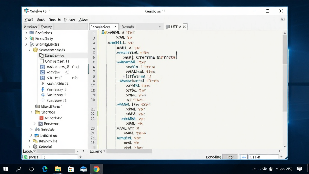 XMLwriter 在 Windows 11 系统下的运行截图,窗口居中显示,编辑区打开一份 XML 配置文件,左侧树形结构展开,状态栏显示编码格式为 UTF-8,风格为系统桌面截图,细节包含任务栏图标、窗口阴影、标题栏文字,画质清晰,画面干净