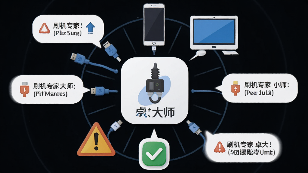 请生成一张展示刷机专家(卓大师)使用小贴士的AI图片,主体为一张信息图风格的画面,中央为刷机专家(卓大师)软件图标,周围环绕着数据线、手机、电脑、备份图标、警告标志、对勾等元素,布局为环形放射状,排版整洁,风格为扁平化插画风,细节包含文字气泡中的提示符号,画质高清,画面干净,无多余元素。