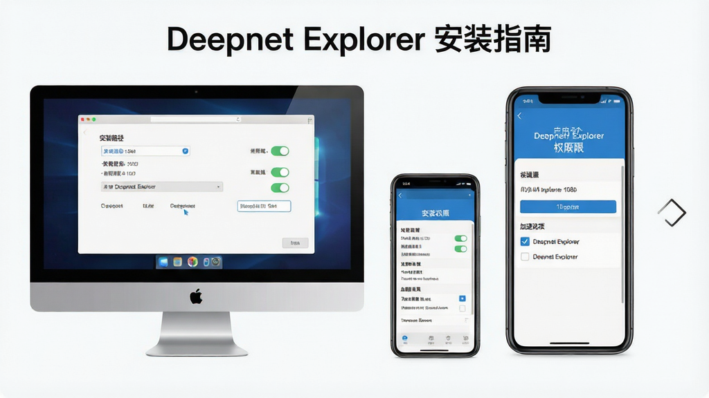 一张展示 Deepnet Explorer 安装与设置流程的步骤示意图,主体为电脑屏幕与手机屏幕并排,布局为左侧PC安装向导界面、右侧移动端权限设置界面,排版左右对照,风格为简洁教程风,细节包含安装路径选择、权限开关、加速选项勾选,画面干净无多余元素,高清画质,1920x1080,界面中显示文字“Deepnet Explorer 安装指南”
