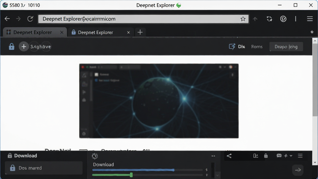 一张展示 Deepnet Explorer 网页浏览器主界面的全景图,主体为软件窗口,布局为顶部地址栏与标签页、中央网页内容展示区、底部下载管理面板,排版清晰规整,风格为现代简约科技风,细节包含多标签切换按钮、下载进度条、安全锁图标,画面干净无多余元素,高清画质,1920x1080,软件名称“Deepnet Explorer”显示在窗口标题栏