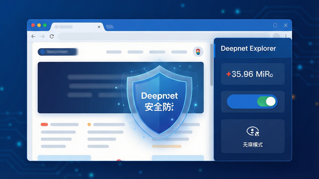 一张展示 Deepnet Explorer 广告拦截与隐私保护功能的示意图,主体为浏览器窗口与防护盾牌图标,布局为左侧网页页面、右侧安全防护面板,排版左右分栏,风格为科技蓝调,细节包含拦截计数、隐私开关按钮、无痕模式图标,画面干净无多余元素,高清画质,1920x1080,界面中显示文字“Deepnet Explorer 安全防护”