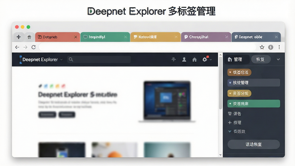 一张展示 Deepnet Explorer 多标签浏览功能的界面截图,主体为浏览器窗口,布局为顶部多个彩色标签页并排、中央显示网页内容、右侧为标签管理侧栏,排版整洁有序,风格为清爽扁平化设计,细节包含标签固定图标、分组标签颜色标识、会话恢复按钮,画面干净无多余元素,高清画质,1920x1080,界面中显示文字“Deepnet Explorer 多标签管理”