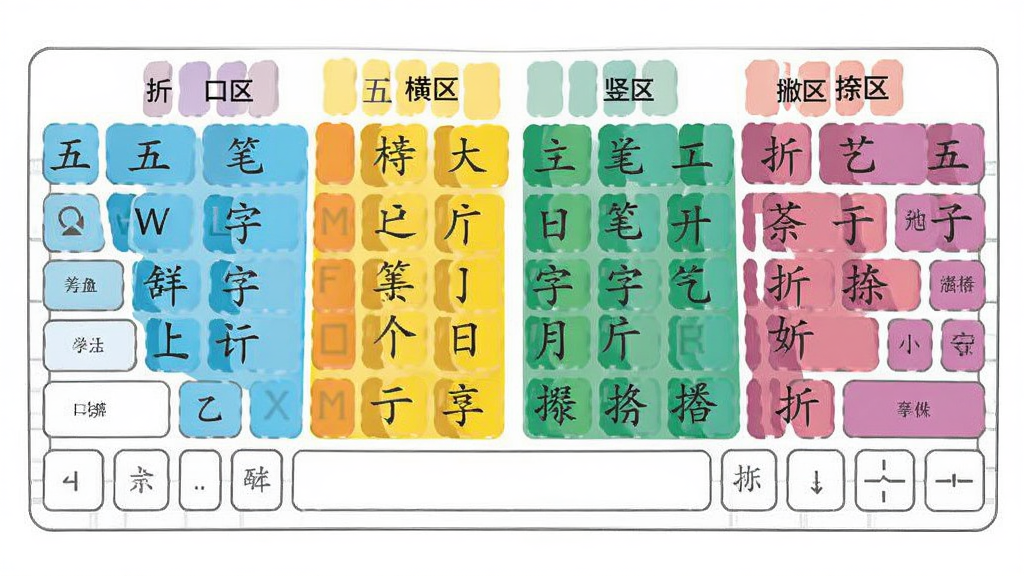 画面中央展示一张展开的五笔字根键盘分区图,图上标注了横区、竖区、撇区、捺区、折区的字根口诀,布局为平面信息图,风格为教育图解,细节包括彩色分区色块、字根示例字和键盘轮廓,画质为矢量高清,干净清晰,无多余元素