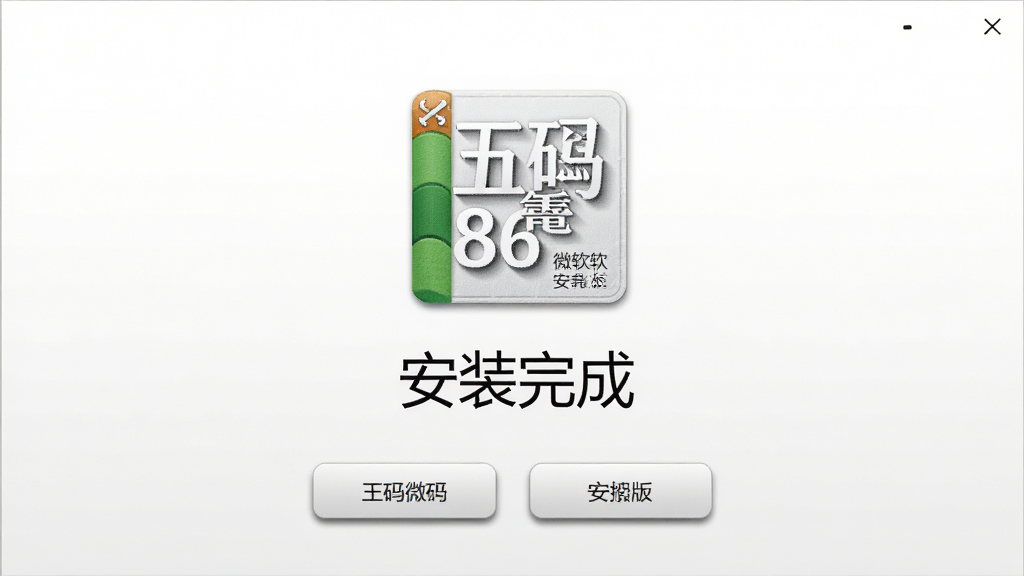 画面主体为一个简洁的软件安装完成界面,中央显示微软王码五笔 86版的图标和“安装完成”字样,背景为干净的白色渐变,布局为居中对称,风格为极简UI设计,细节包括按钮阴影、图标质感和文字排版,画质为高清,干净无杂质,无多余元素